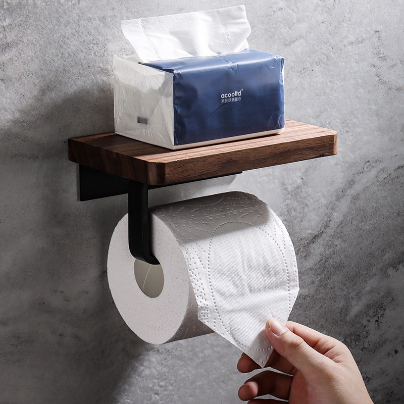 Home Bathroom Paper Towel Dispenser - Tempat Tisu Kayu Solid Tanpa Bor,